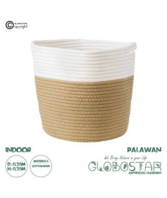 GloboStar® Artificial Garden PALAWAN 20203 Διακοσμητικό Πλεκτό Καλάθι - Κασπώ Γλάστρα - Flower Pot  Μπεζ με Λευκό Π25cm x Υ25cm